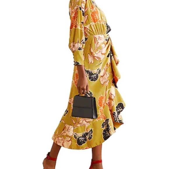 Johanna Ortiz /Yellow mustard Ochre wrap affect floral print midi ruffle Dress 4 - Picture 4 of 8